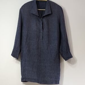 Paperwhite | Linen Chambray Blue 3/4 Sleeve Oversized Tunic Pockets Size L